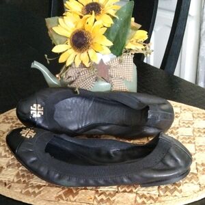 Tory Burch Black Leather Flats with Gold Logo